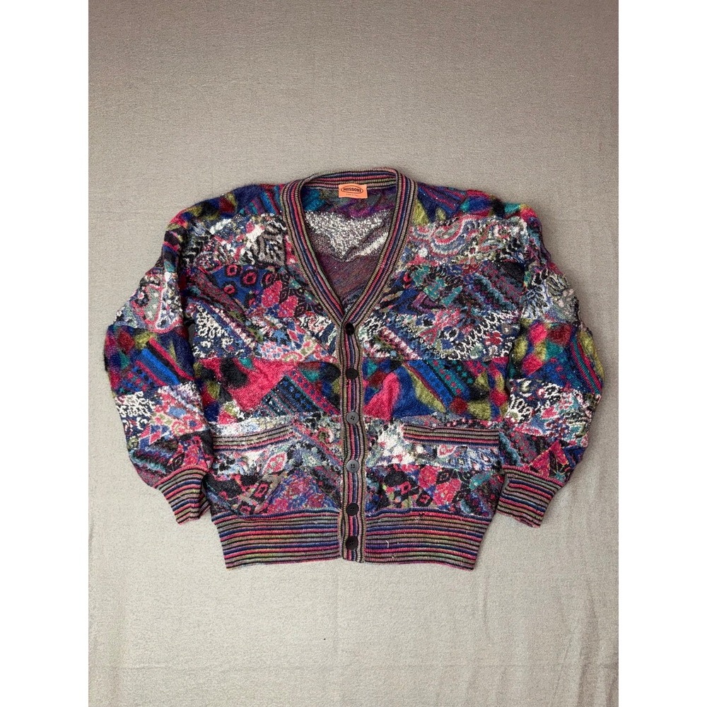 Vintage 90s Missoni Patchwork Jacquard Knit Cardigan Italy Women Multicolor M